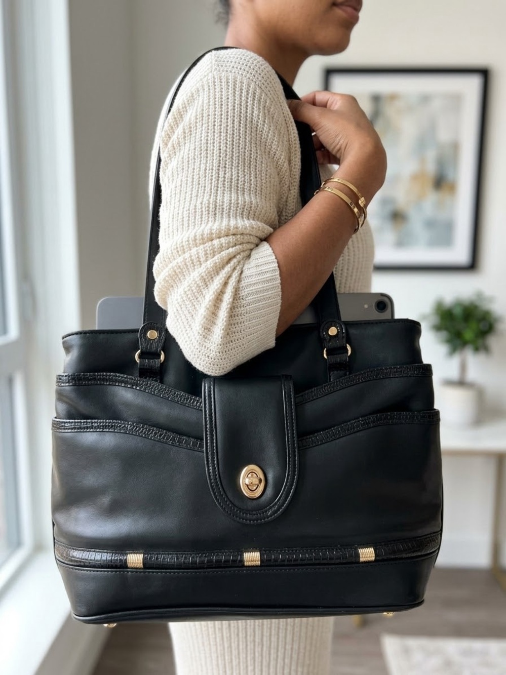 Classic Black Leather Tote with Gold Accents - Women Bags